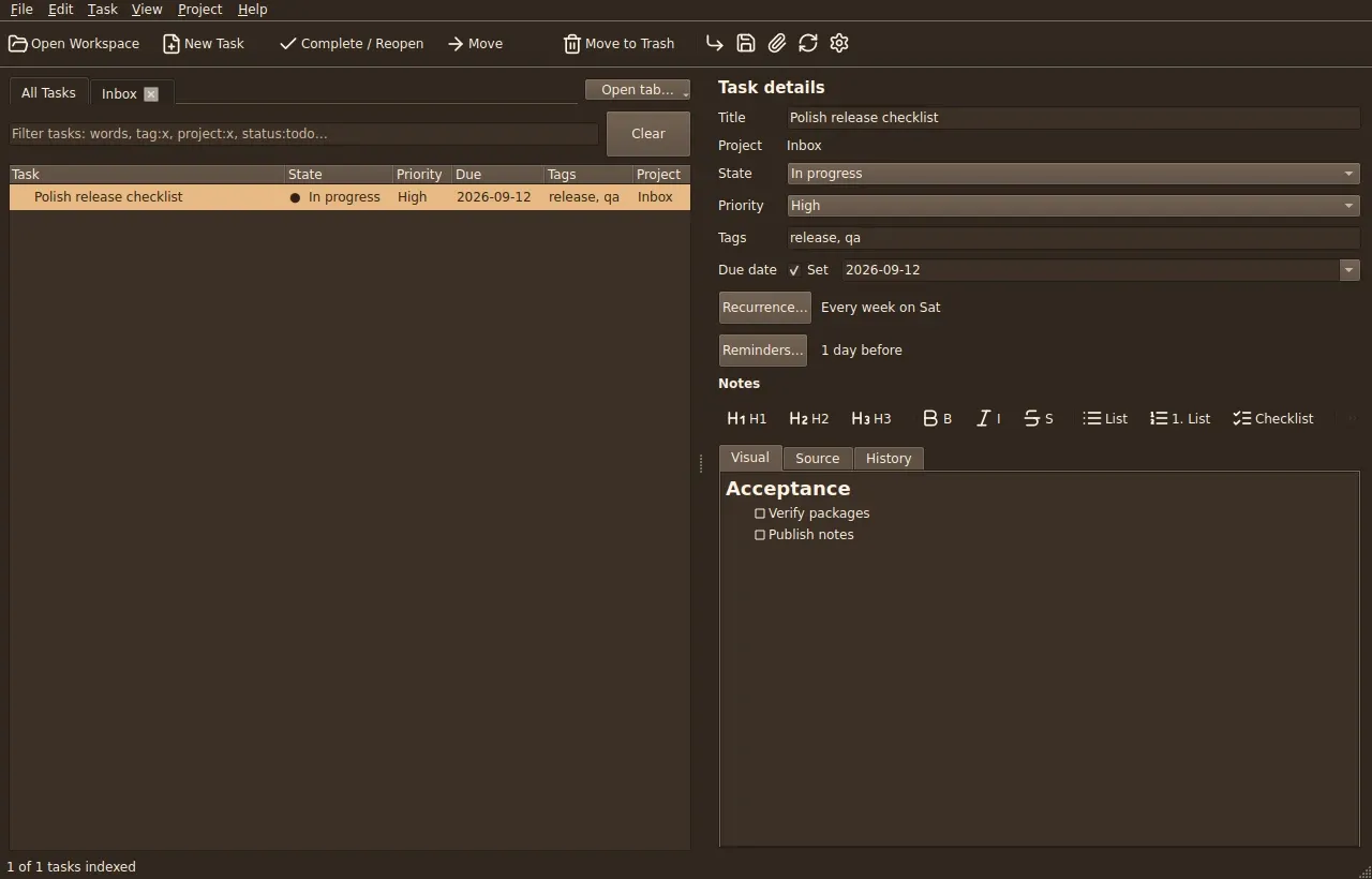 TodoBench in the Brown theme with matching task controls and Markdown notes.
